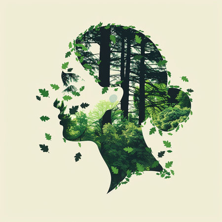 Silhouette of a female head in the forest. Vector illustration.の素材