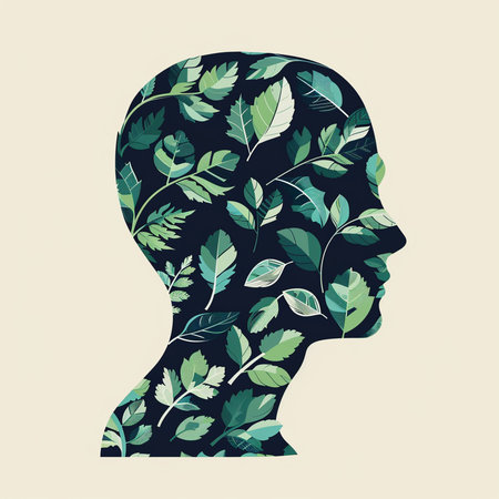 Silhouette of a man's head with leaves. Vector illustration.の素材