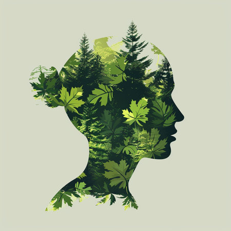 Silhouette of the head of a woman combined with nature elementsの素材