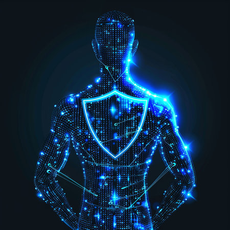 Cyborg man with a shield. Artificial intelligence concept. Vector illustration.の素材