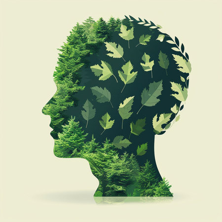 Human head silhouette with green leaves. Ecology concept. Vector illustration.の素材