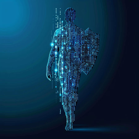 Cyber man made from binary code on blue background. Vector illustration.の素材