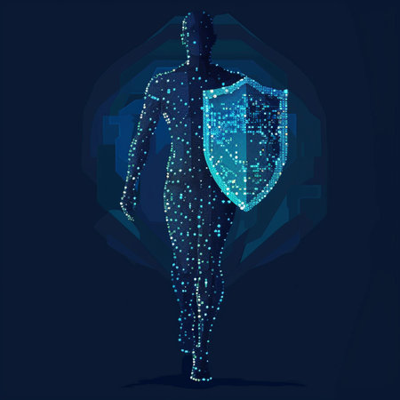 Cyber security and data protection concept, silhouette of a man with shield.の素材