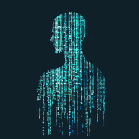 Cyber security concept. Man silhouette surrounded by binary code. Vector illustration.の素材