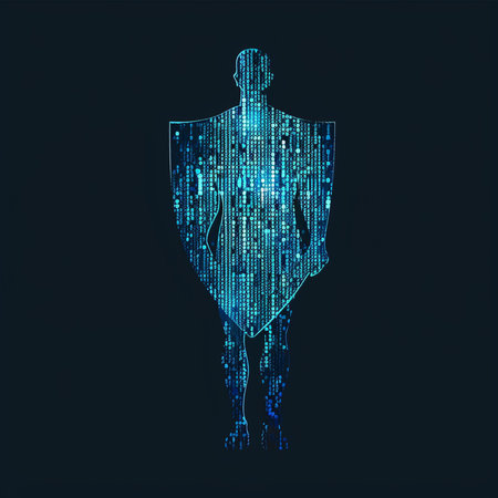 Silhouette of a man with a shield made of binary code.の素材
