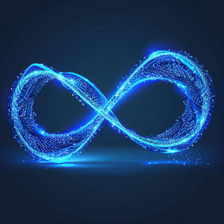 Infinity symbol with glowing particles on blue background. Vector illustration.の素材
