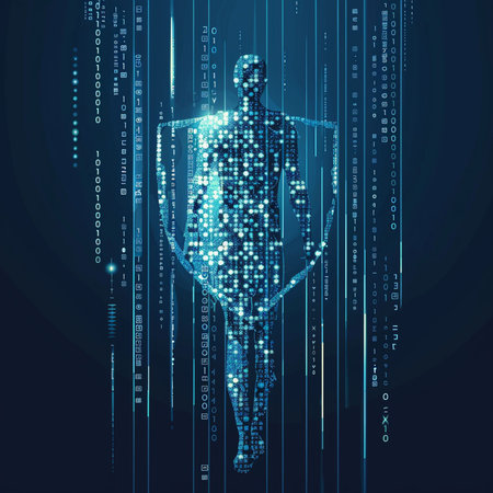 Cyber security concept. The silhouette of a hacker on the background of binary code. Vector illustration.の素材