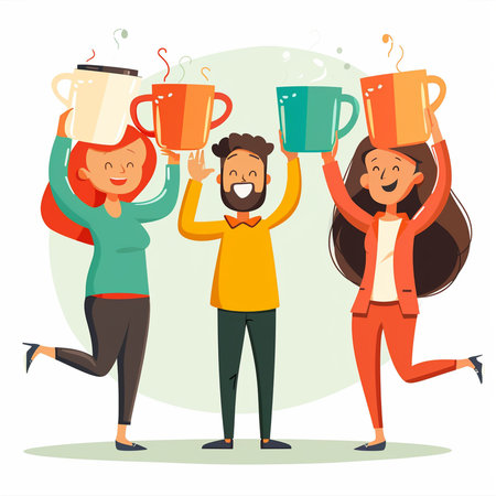 Happy people with cups of coffee. Teamwork concept. Vector illustrationの素材