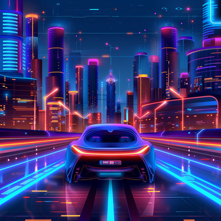 Abstract futuristic city background with neon lights and car. Vector illustration.の素材