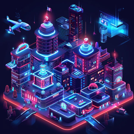 Isometric futuristic city with neon lights. Vector illustration in isometry style.の素材