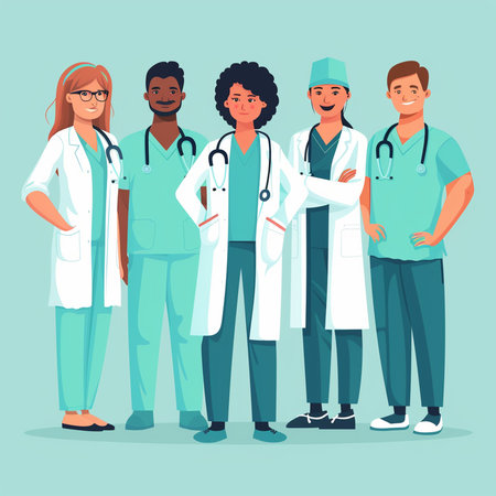 Medical team of doctors, nurse and surgeon. Vector illustration in flat styleの素材
