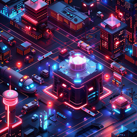 3d isometric illustration of a futuristic city in neon light.の素材