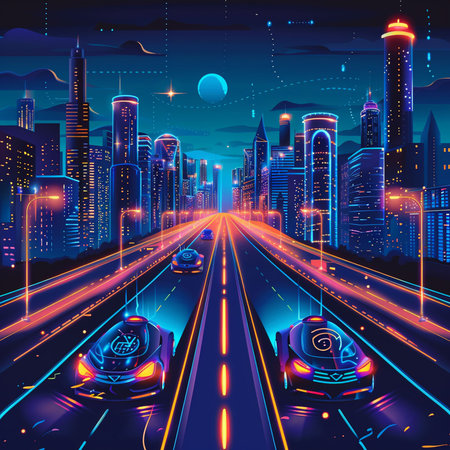 Night city with cars on the road. Vector illustration in neon styleの素材