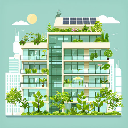 Modern apartment building with green plants and solar panels. Vector illustration.の素材