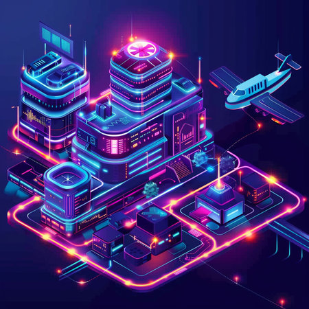Vector isometric illustration of datacenter server room with neon lights.の素材