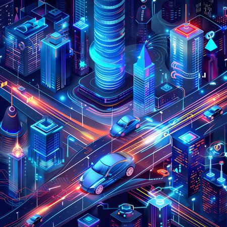 City with skyscrapers, cars and traffic lights. 3d isometric vector illustration.の素材
