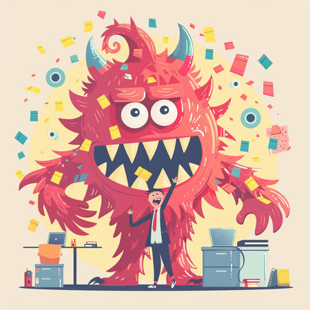 Funny cartoon monster in the office. Vector illustration for your designの素材
