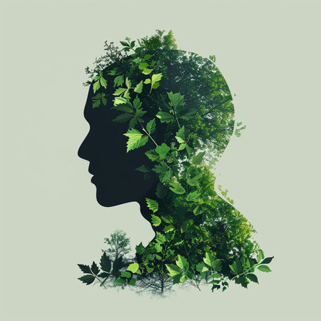 Double exposure of human head with green leaves and plants. Nature concept.の素材