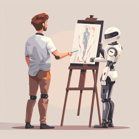 Robot sketching on easel. Vector illustration in cartoon styleの素材