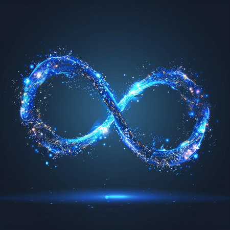 Infinity symbol made of glowing particles on dark background. Vector illustration.の素材