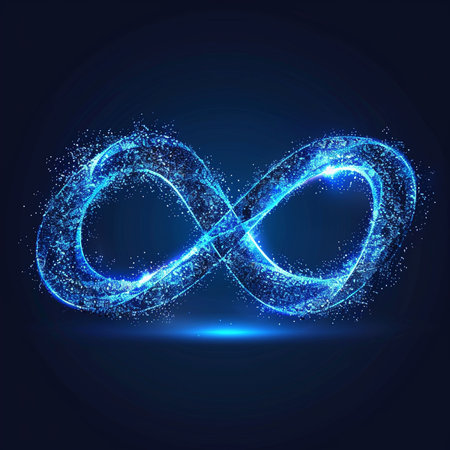 Infinity symbol made of glowing particles on dark blue background. Vector illustration.の素材