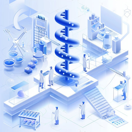 Science laboratory isometric composition with blue DNA symbol on blue background vector illustrationの素材