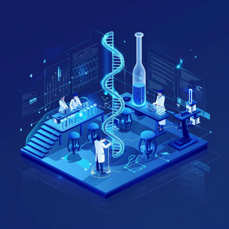 Science laboratory isometric composition with chemical lab equipment and science experiments on blue background vector illustrationの素材