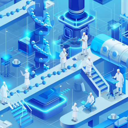 Science laboratory isometric composition with scientific equipment and people on blue background vector illustrationの素材