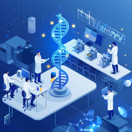 Isometric biotechnology concept. Scientific research of DNA. Vector illustrationの素材