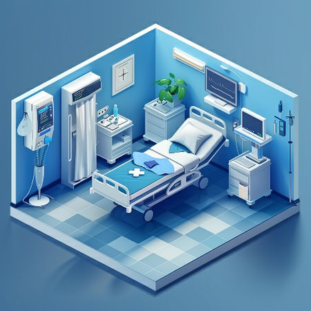Vector isometric hospital room with medical equipment and patient bed on blue backgroundの素材