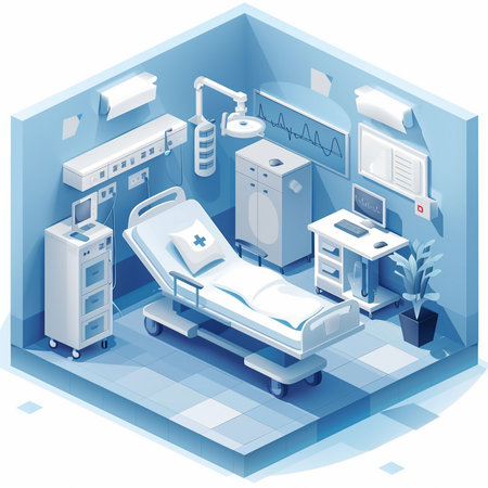 Isometric hospital room with bed and equipment. Vector isometric illustration.の素材