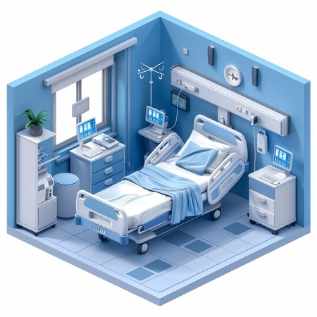 Hospital room with bed and medical equipment (3D render)の素材