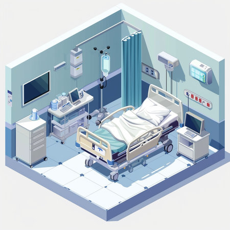 Hospital ward isometric composition with empty bed and equipment vector illustrationの素材