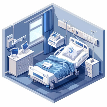 Isometric hospital room with bed and medical equipment. Vector illustration.の素材