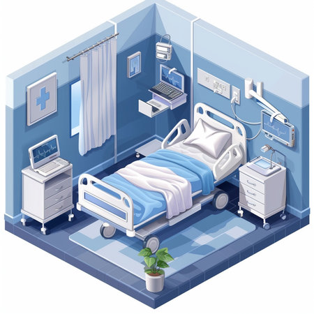 Hospital room isometric composition with bed and medical equipment vector illustrationの素材