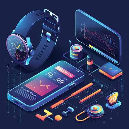 Isometric smart watch and mobile phone on blue background. Vector illustration.の素材
