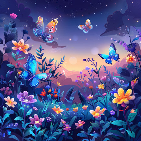 Beautiful summer landscape with flowers and butterflies. Colorful vector illustration.の素材