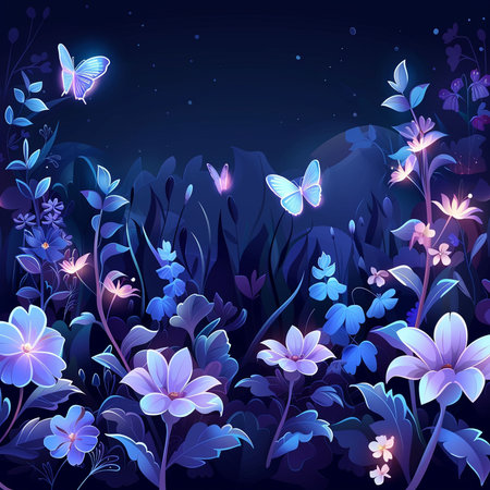 Night forest with flowers and butterflies. Vector illustration for your design.の素材