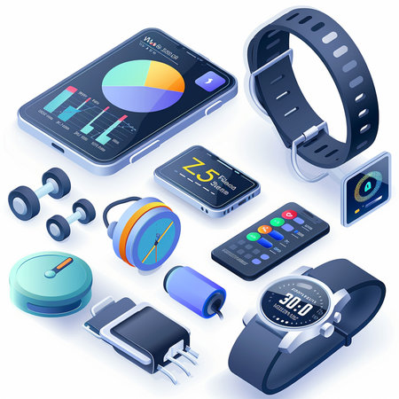 Isometric smart watch, fitness tracker, fitness tracker, smartwatch, fitness tracker and headphones. Vector illustration.の素材