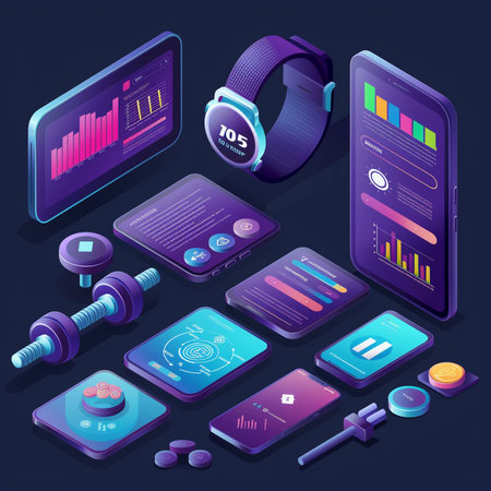 Isometric smartwatch, fitness tracker, dumbbells and smartphone with fitness app vector illustrationの素材