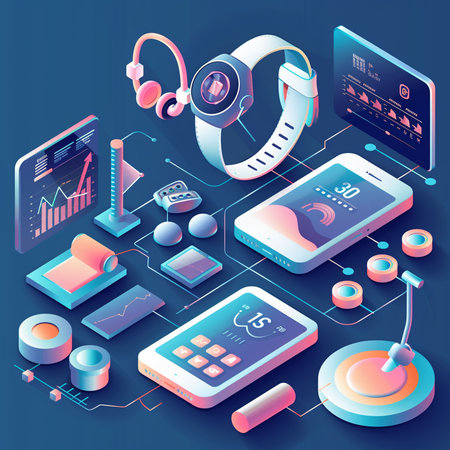 Isometric flat 3d vector concept of mobile phone, headphones, smartwatch and infographic elements.の素材