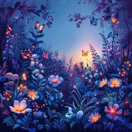 Beautiful fantasy floral background with flowers and butterflies. Vector illustration.の素材