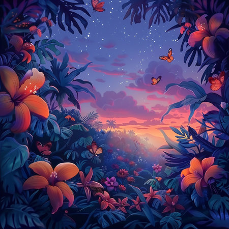 Beautiful tropical landscape with flowers and butterflies. Vector illustration in blue tones.の素材