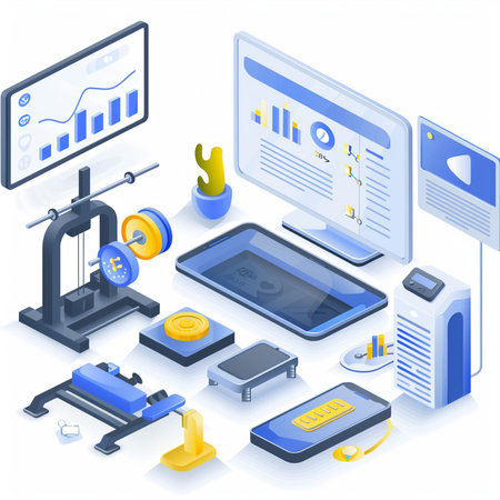 Isometric 3D vector illustration of a laptop, tablet, mobile phone, printing press, printing press, printing press, printing press, printing press, printing press, printing press, printing press.の素材