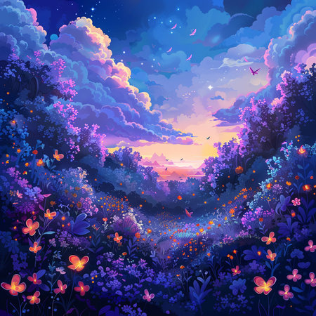 Beautiful night landscape with flowers, butterflies and clouds. Vector illustration.の素材