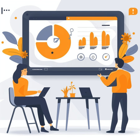 Vector illustration in flat style. Man and woman sitting at the table and working on a laptop.の素材