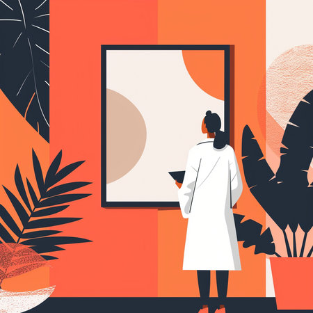 Vector illustration of a woman in a white coat standing in a room with a picture on the wall.の素材