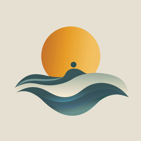 Sunset on the sea with waves. Vector illustration in retro styleの素材