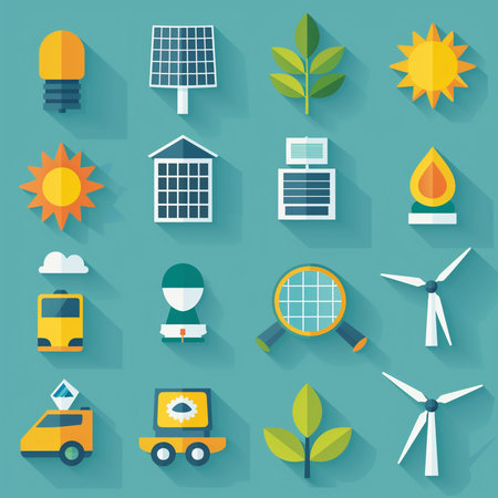 Ecology flat icons set with sun, wind turbine, solar panel, solar cell, wind turbine, solar battery, solar cell, windmill and truck. Vector illustrationの素材