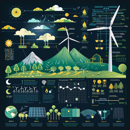 Ecology infographics set with wind turbines, solar panels, windmills, solar panels and wind turbines. Vector illustrationの素材